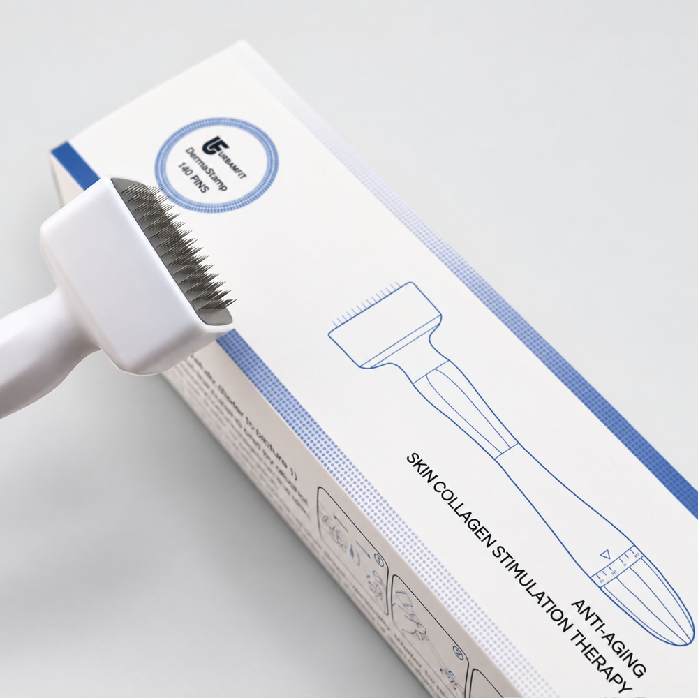 Angled close-up of the derma stamp and original packaging