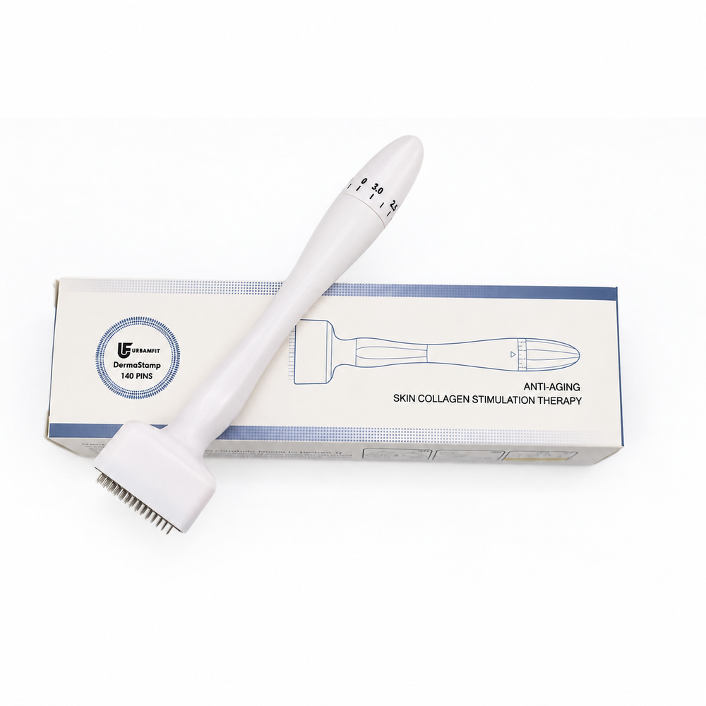 Titanium derma stamp resting diagonally over its original box